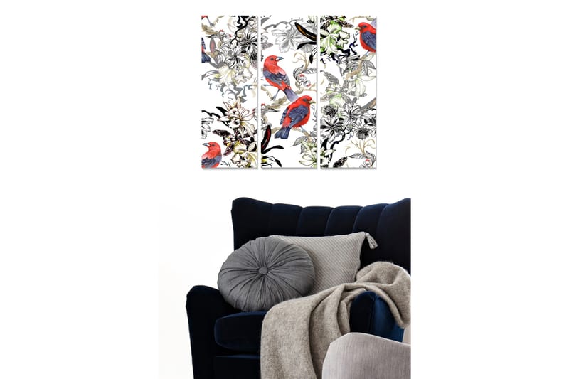 Trelerretsbilde 3-delt 50x70 cm - Fargerike fugler blant blomster og vegetasjon, Rød / Grønn / Svart