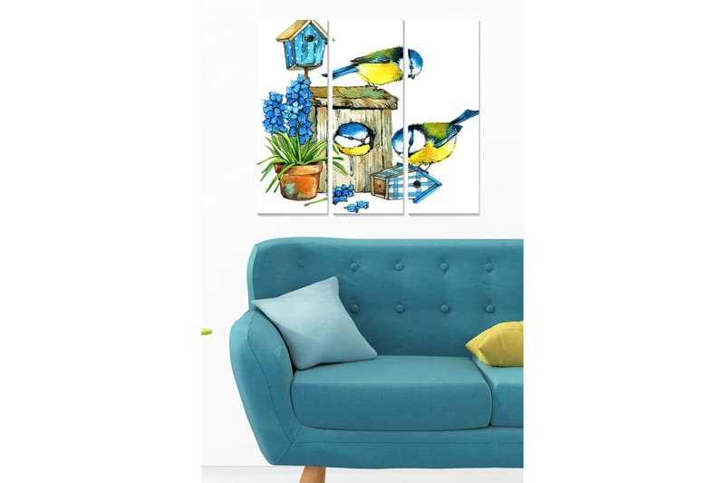 Trelerretsbilde 3-delt 50x70 cm - Fargerike fugler ved en fuglemater med blomster og et fuglehus, Blå / Grønn / Gul
