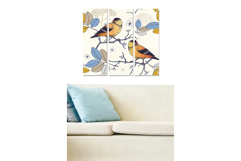 Trelerretsbilde 3-delt 50x70 cm - Fargerike fugler på en gren omgitt av blader, Blå / Gul / Grønn