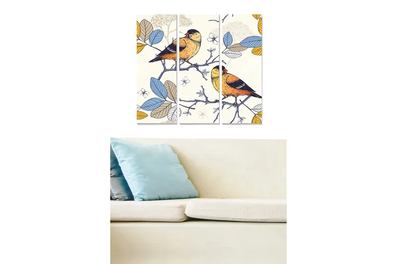 Trelerretsbilde 3-delt 50x70 cm - Fargerike fugler på en gren omgitt av blader, Blå / Gul / Grønn