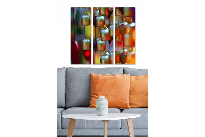 Trelerretsbilde 3-delt 50x70 cm - Fargerike hengende klokker i forskjellige nyanser, Grønn / Rød / Gul