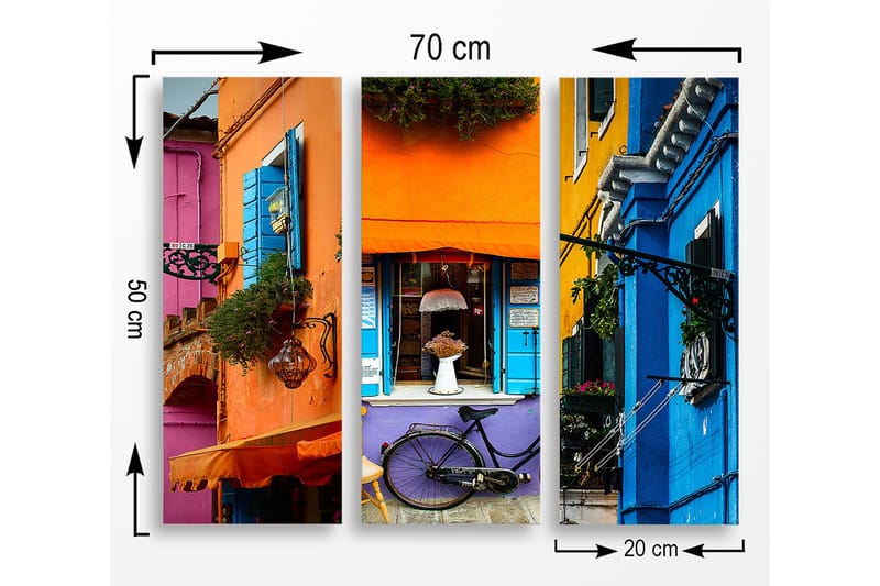 Trelerretsbilde 3-delt 50x70 cm - Fargerike husfasader med sykkel og blomster - Oransje / Blå / Lilla - Innredning - Bilder & kunst - Lerretsbilder