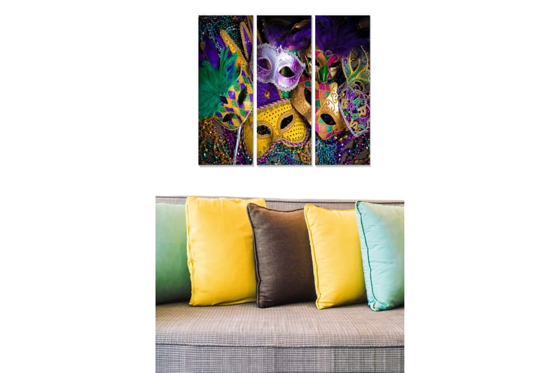 Trelerretsbilde 3-delt 50x70 cm - Fargerike masker med fjær og dekorasjoner - Lilla / Gull / Grønn - Innredning - Bilder & kunst - Lerretsbilder