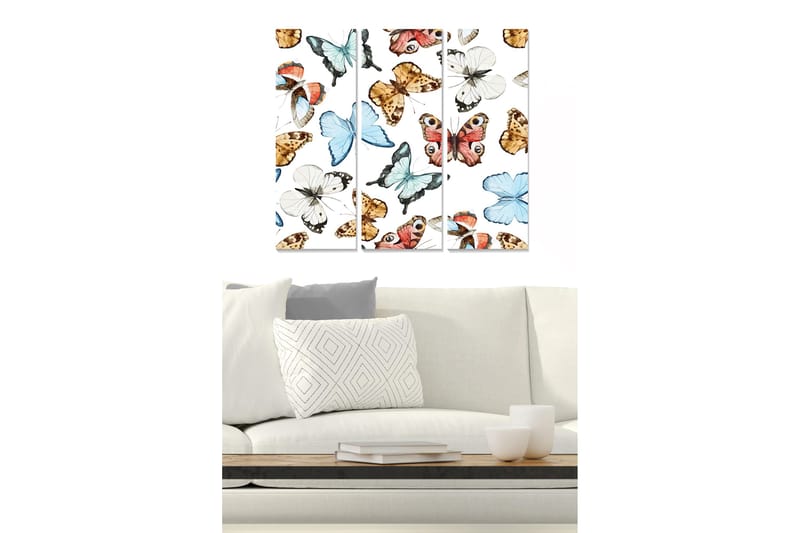 Trelerretsbilde 3-delt 50x70 cm - Fargerike sommerfugler i forskjellige former og størrelser, Blå / Oransje / Brun