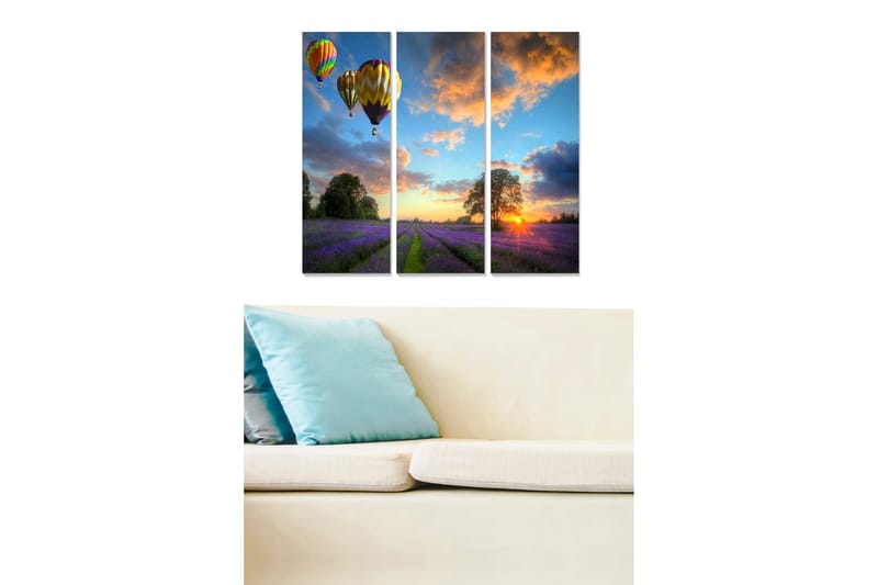 Trelerretsbilde 3-delt 50x70 cm - Fargerike varmluftsballonger som svever over et lavendelfelt ved solnedgang, Lilla / Oransje / Blå