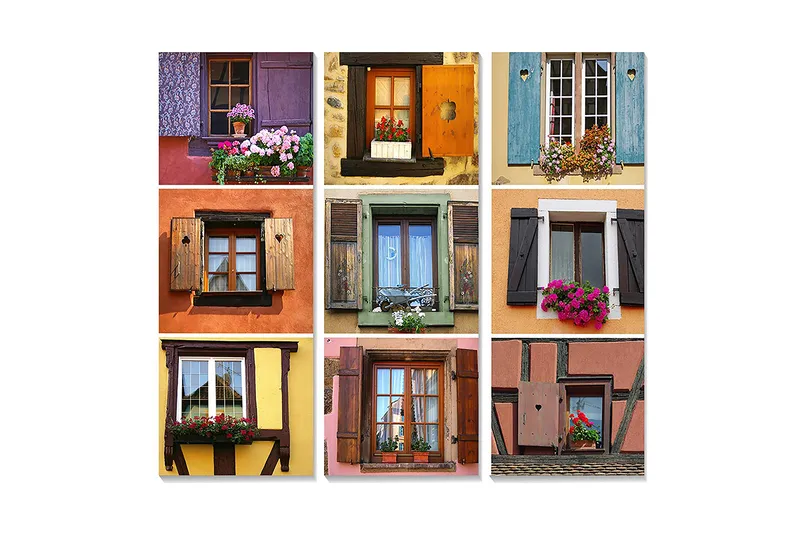 Trelerretsbilde 3-delt 50x70 cm - Fargerike vinduer med blomster i forskjellige stiler og design, Lilla / Oransje / Grønn