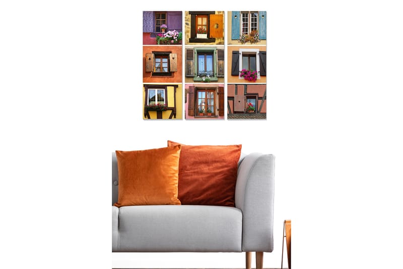 Trelerretsbilde 3-delt 50x70 cm - Fargerike vinduer med blomster i forskjellige stiler og design - Lilla / Oransje / Grønn - Innredning - Bilder & kunst - Lerretsbilder