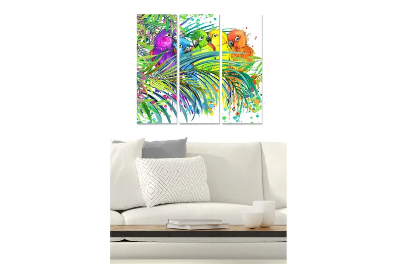 Trelerretsbilde 3-delt 50x70 cm - Fargerike papegøyer blant tropiske planter, Grønn / Lilla / Oransje