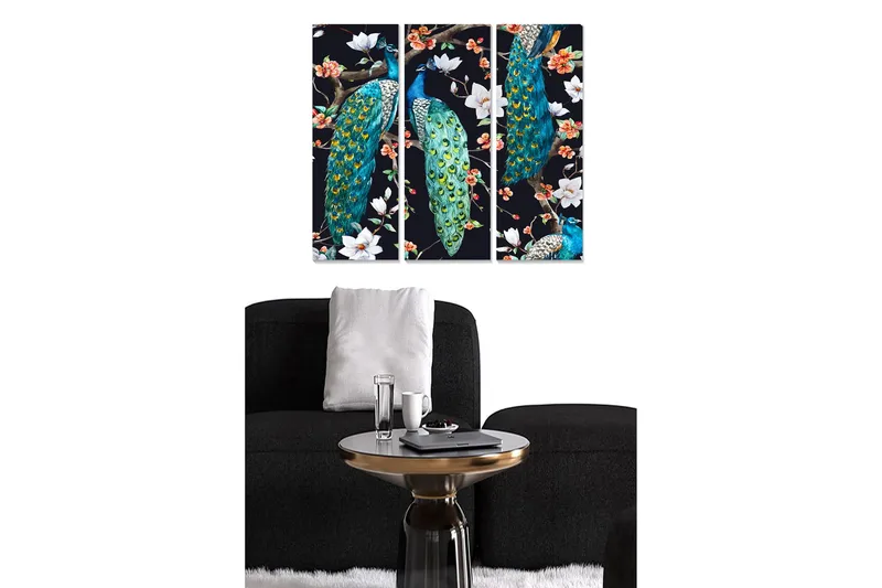 Trelerretsbilde 3-delt 50x70 cm - Fargerike påfugler blant blomster, Turkis / Grønn / Hvit