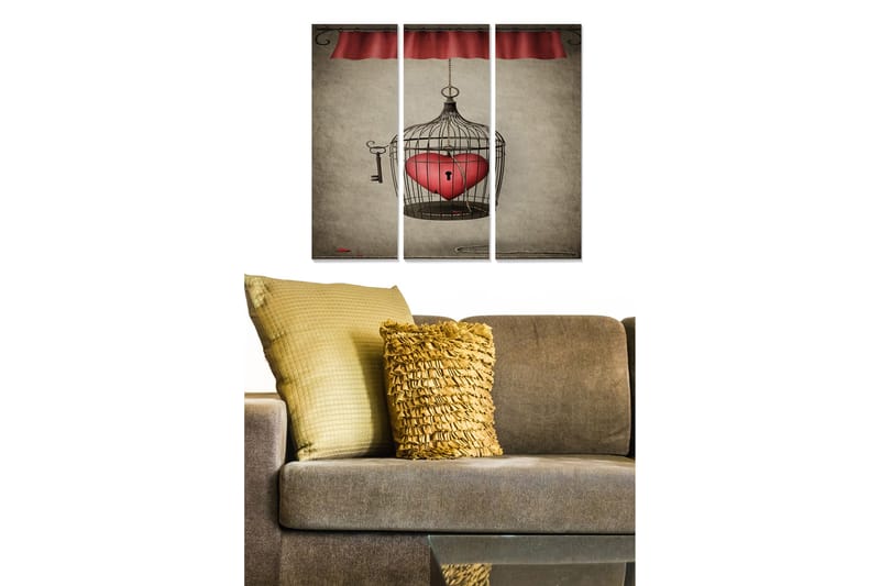 Trelerretsbilde 3-delt 50x70 cm - Fengslende fuglebur med et hjerte inni, Rød / Svart / Beige