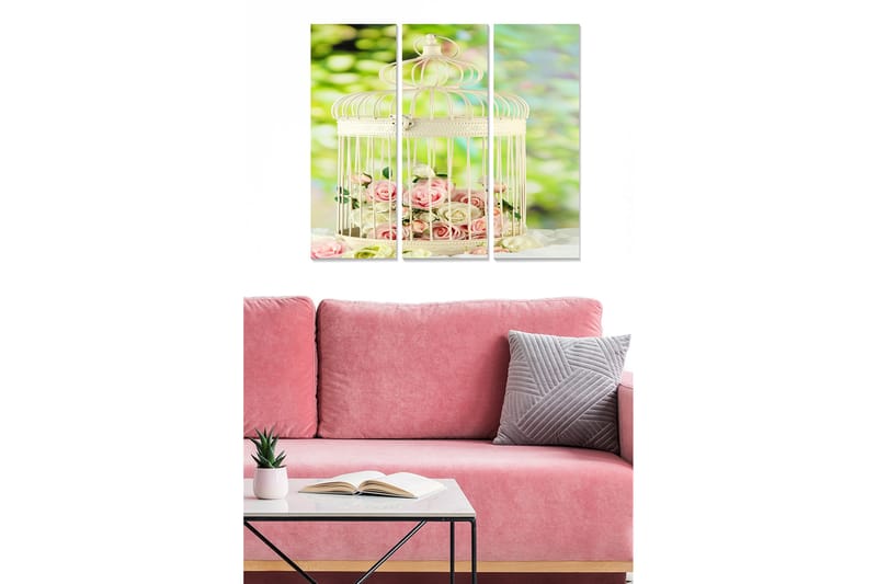 Trelerretsbilde 3-delt 50x70 cm - Fengslende fuglebur med rosa roser inni - Rosa / Hvit / Grønn - Innredning - Bilder & kunst - Lerretsbilder