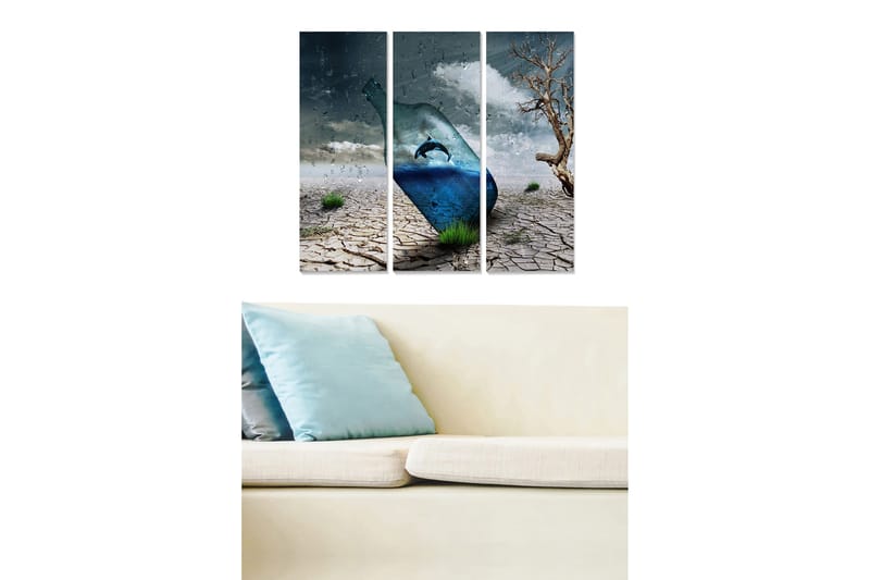 Trelerretsbilde 3-delt 50x70 cm - Flaske med delfin i et surrealistisk ørkenlandskap, Blå / Grå / Brun