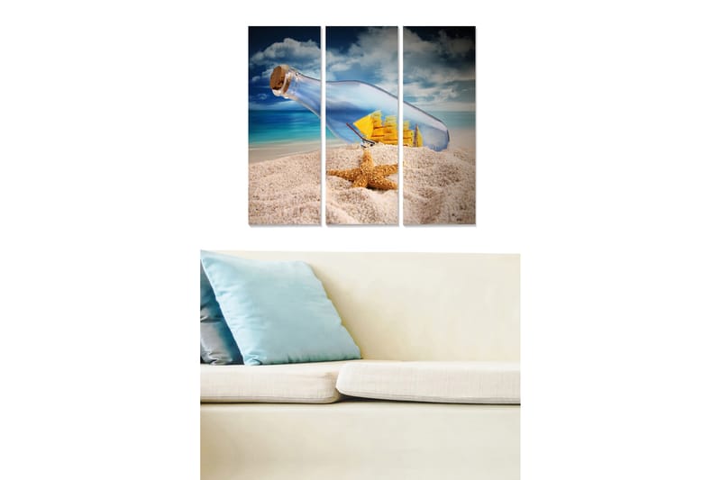 Trelerretsbilde 3-delt 50x70 cm - Flaske med seilskip på sandstrand - Blå / Beige / Gul - Innredning - Bilder & kunst - Lerretsbilder