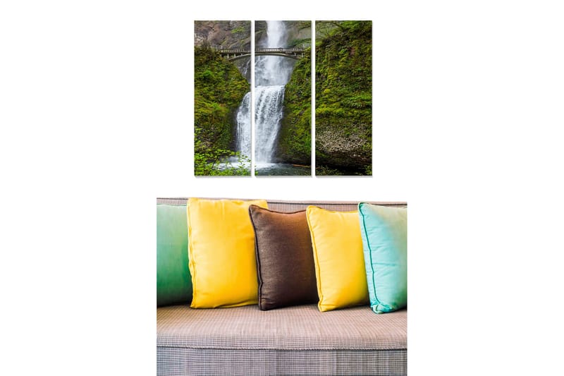 Trelerretsbilde 3-delt 50x70 cm - Foss omgitt av frodige klipper, Grønn / Hvit / Grå