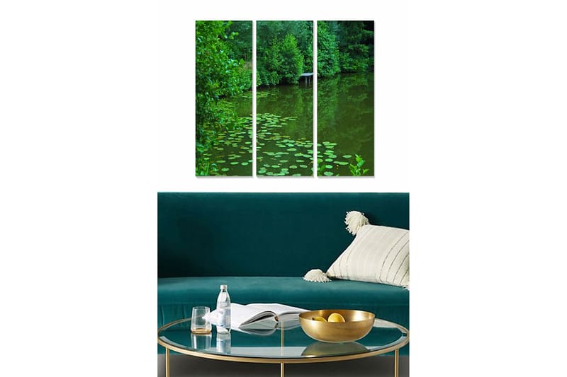Trelerretsbilde 3-delt 50x70 cm - Frodig innsjø med vannliljer, Mørkegrønn / Lysegrønn