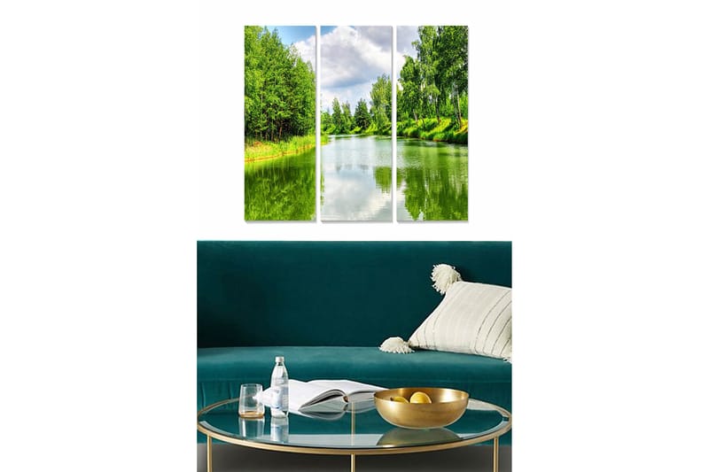 Trelerretsbilde 3-delt 50x70 cm - Frodig landskap med speillignende vannflater, Grønn / Blå / Hvit