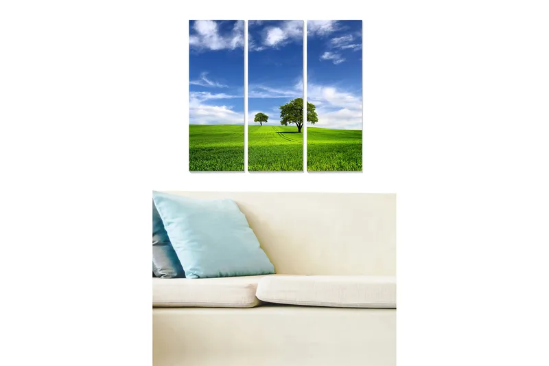 Trelerretsbilde 3-delt 50x70 cm - Frodig landskap med trær og blå himmel, Grønn / Blå