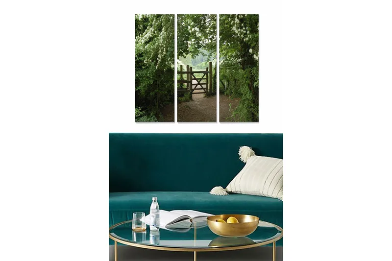 Trelerretsbilde 3-delt 50x70 cm - Frodig landskap med treport, Grønn / Brun / Hvit