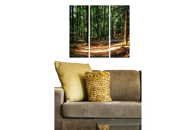 Trelerretsbilde 3-delt 50x70 cm - Frodig skog med solfylte stier, Grønn / Brun / Gul