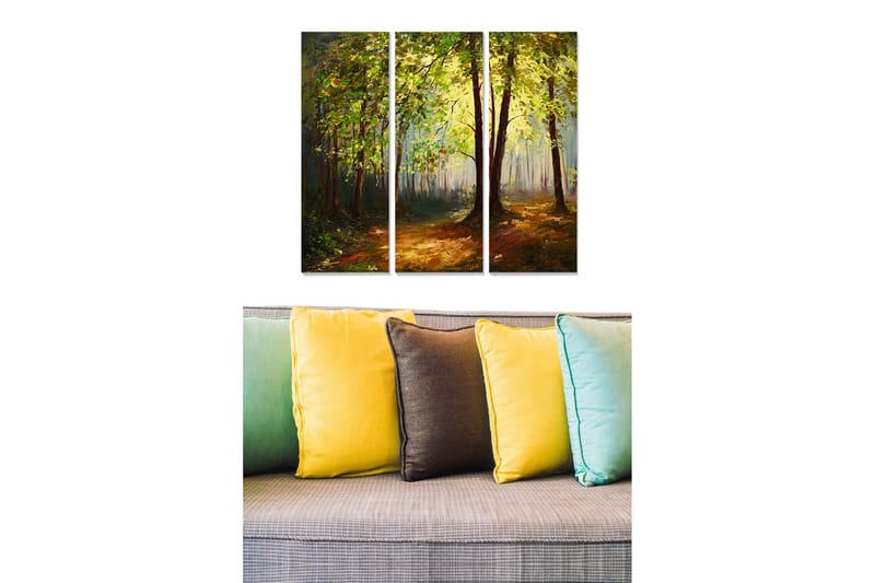 Trelerretsbilde 3-delt 50x70 cm - Frodig skog med solstråler som siver gjennom trærne, Grønn / Brun / Gul