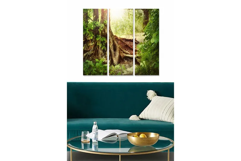 Trelerretsbilde 3-delt 50x70 cm - Frodig skog med solstråler som skinner gjennom trærne, Grønn / Brun / Gull