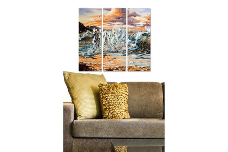 Trelerretsbilde 3-delt 50x70 cm - Glitrende hester galopperer gjennom bølgene, Blå / Hvit / Oransje