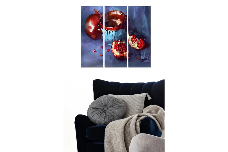Trelerretsbilde 3-delt 50x70 cm - Granateple og bolle i en rolig komposisjon, Rød / Blå / Hvit