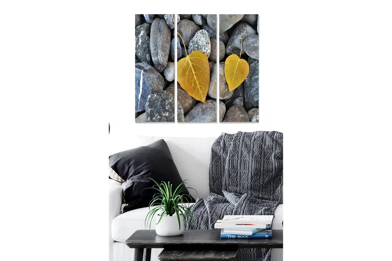Trelerretsbilde 3-delt 50x70 cm - Gule blader på en bakgrunn av grå steiner, Grå / Gul