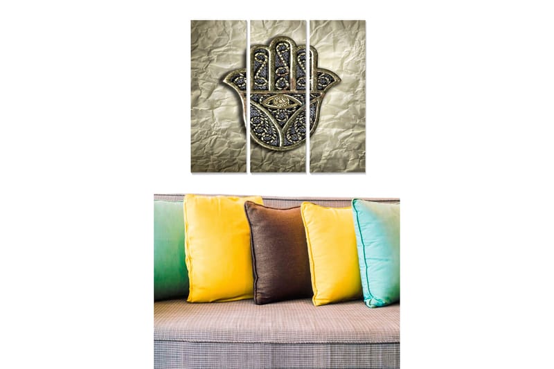 Trelerretsbilde 3-delt 50x70 cm - Hånd med øye i dekorativ stil, Gull / Svart / Grå