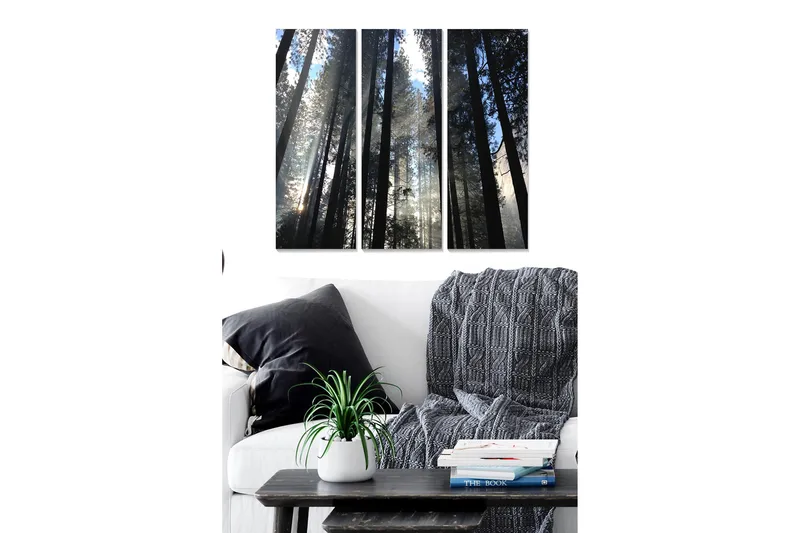 Trelerretsbilde 3-delt 50x70 cm - Høye trær som strekker seg mot en tåkete himmel, Mørk grønn / Svart / Lys blå