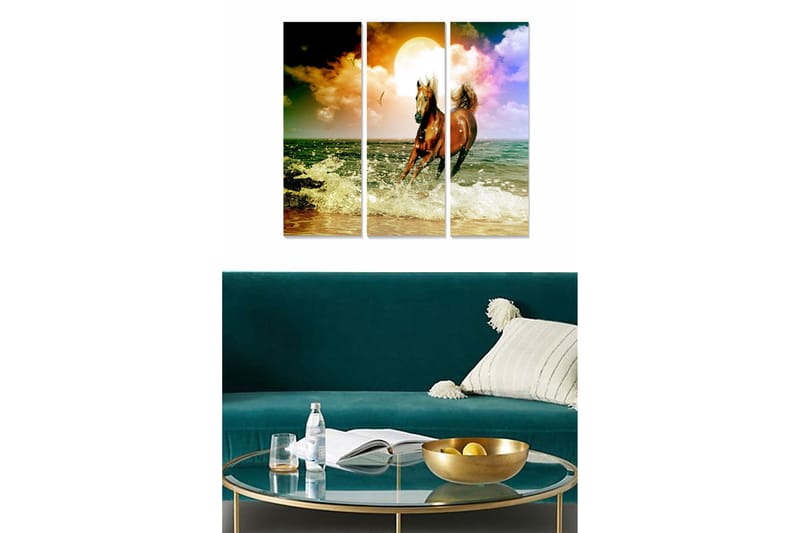 Trelerretsbilde 3-delt 50x70 cm - Hest galopperer gjennom bølger ved solnedgang, Brun / Blå / Gul