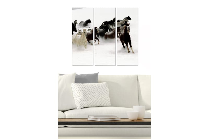 Trelerretsbilde 3-delt 50x70 cm - Hester galopperer gjennom snøen, Hvit / Svart / Brun