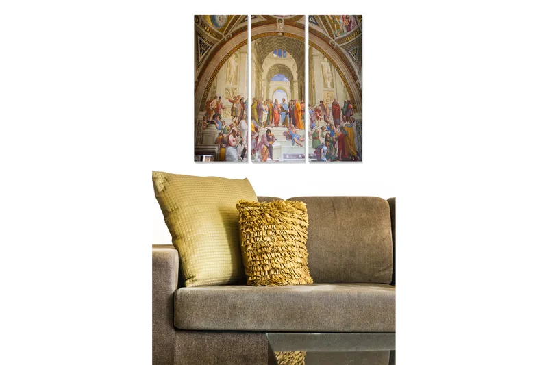 Trelerretsbilde 3-delt 50x70 cm - Historisk scene med en samling filosofer og tenkere i en stor hall, Beige / Rød / Blå