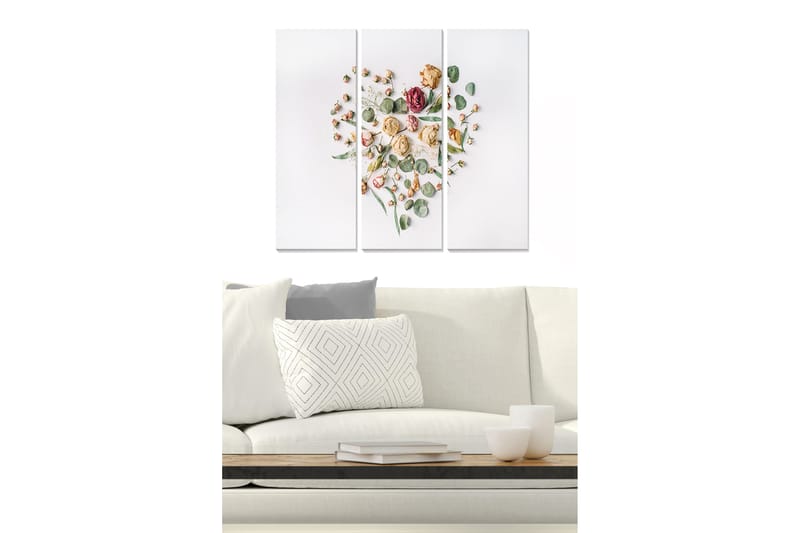 Trelerretsbilde 3-delt 50x70 cm - Hjerteformet komposisjon av tørkede blomster og grønne blader - Rosa / Grønn / Beige - Innredning - Bilder & kunst - Lerretsbilder