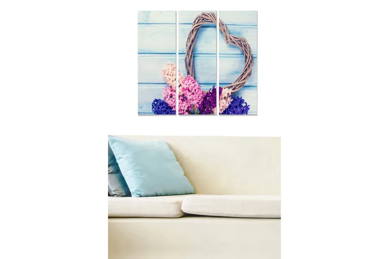 Trelerretsbilde 3-delt 50x70 cm - Hjerteformet krans av grener med fargerike blomster i rosa og lilla nyanser, Rosa / Lilla / Blå