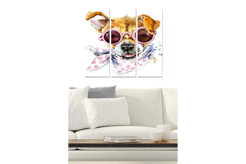 Trelerretsbilde 3-delt 50x70 cm - Hund med solbriller og skjerf i leken stil, Brun / Rosa / Hvit