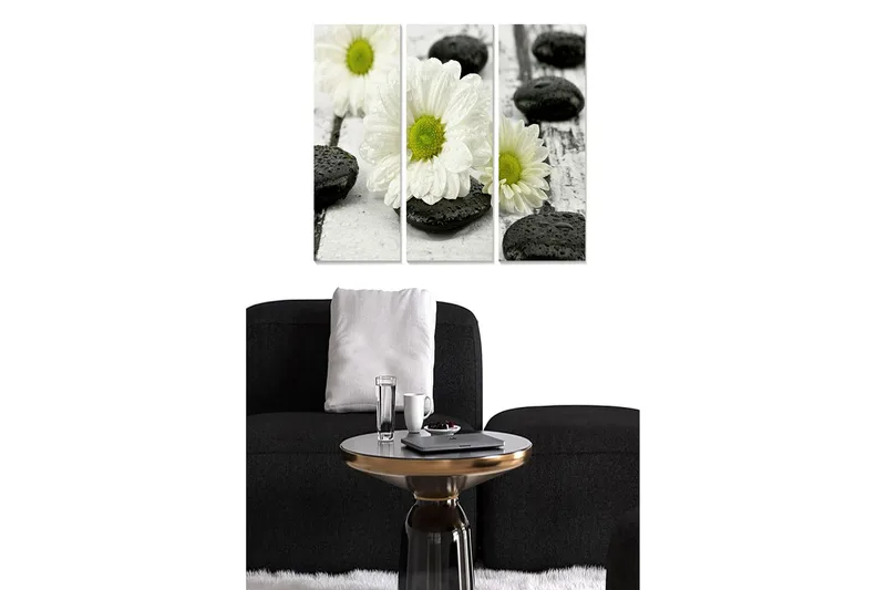 Trelerretsbilde 3-delt 50x70 cm - Hvite blomster med svarte steiner på en treflate, Hvit / Svart / Grønn