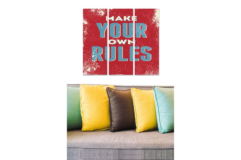 Trelerretsbilde 3-delt 50x70 cm - Inspirerende veggkunst med teksten MAKE YOUR OWN RULES, Rød / Turkis