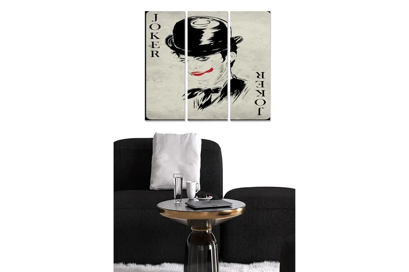 Trelerretsbilde 3-delt 50x70 cm - Jokerportrett med dramatisk sminke og hatt - Svart / Rød / Beige - Innredning - Bilder & kunst - Lerretsbilder
