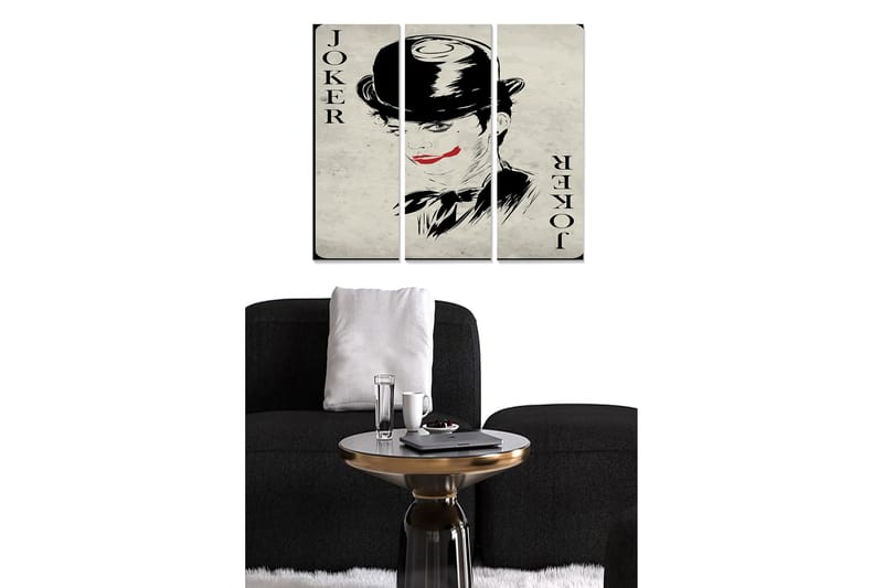 Trelerretsbilde 3-delt 50x70 cm - Jokerportrett med dramatisk sminke og hatt - Svart / Rød / Beige - Innredning - Bilder & kunst - Lerretsbilder