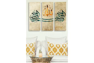 Trelerretsbilde 3-delt 50x70 cm - Kalligrafisk komposisjon med ordet Allah i midten - Mørk blå / Oransje / Beige - Innredning - Bilder & kunst - Lerretsbilder