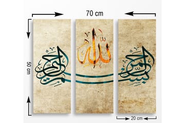 Trelerretsbilde 3-delt 50x70 cm - Kalligrafisk komposisjon med ordet Allah i midten - Mørk blå / Oransje / Beige - Innredning - Bilder & kunst - Lerretsbilder