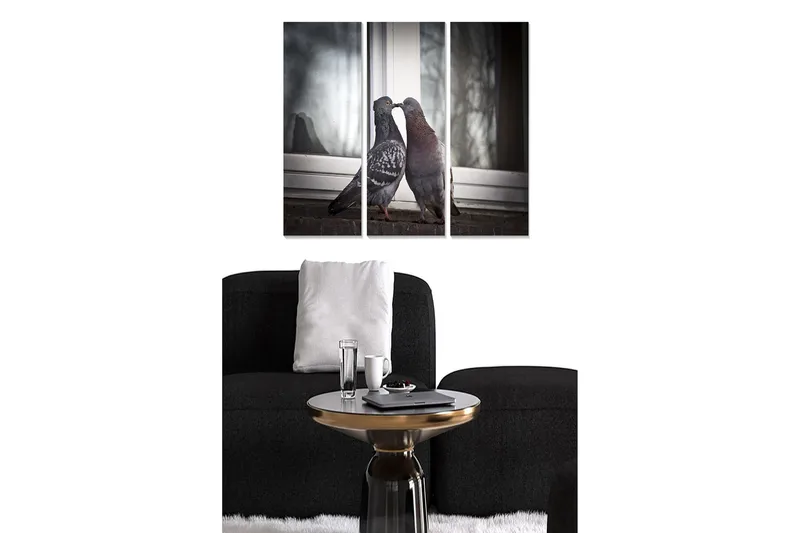 Trelerretsbilde 3-delt 50x70 cm - Kjærlig duepar ved et vindu, Grå / Svart / Brun