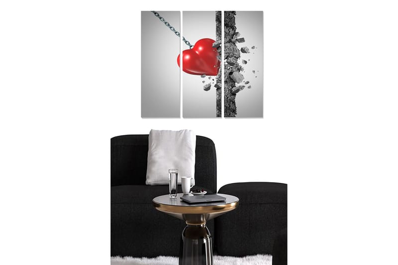 Trelerretsbilde 3-delt 50x70 cm - Knust hjerte henger i en kjede, Rød / Grå / Svart