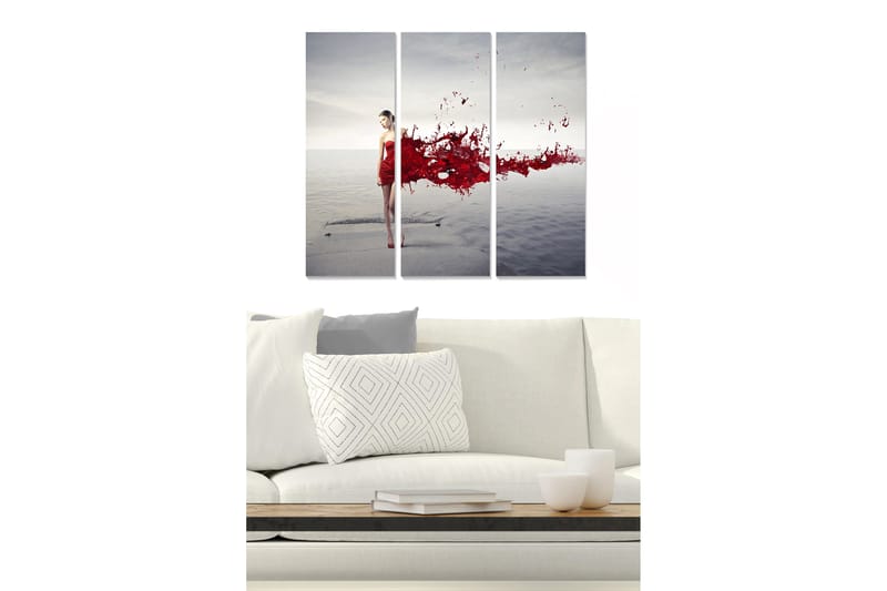 Trelerretsbilde 3-delt 50x70 cm - Kvinne i rød kjole står ved vannet med fargeeksplosjon av rød væske, Rød / Grå / Beige