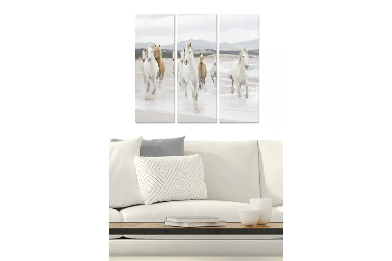 Trelerretsbilde 3-delt 50x70 cm - Løpende hester ved sjøen, Hvit / Beige / Lys grå