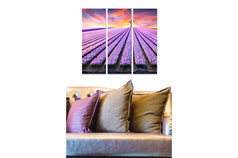Trelerretsbilde 3-delt 50x70 cm - Lavendelåkrer under en fargerik himmel, Lilla / Grønn / Oransje