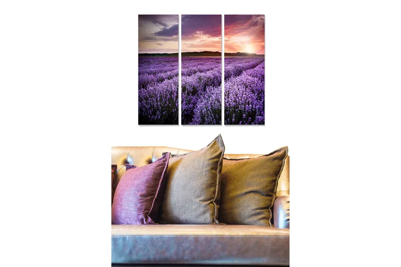 Trelerretsbilde 3-delt 50x70 cm - Lavendelåkrer under en fargerik solnedgang, Lilla / Rosa / Grønn