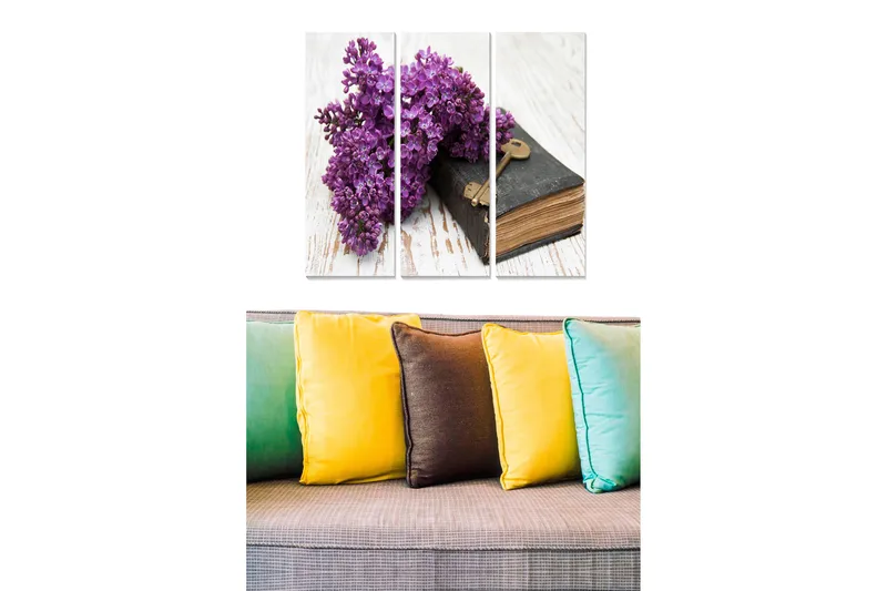 Trelerretsbilde 3-delt 50x70 cm - Lilla syriner i en vakker komposisjon med en gammel bok og nøkkel, Lilla / Svart / Brun