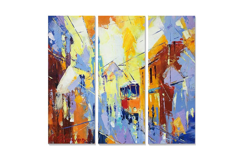 Trelerretsbilde 3-delt 50x70 cm - Livlig bybilde med en trikk i bevegelse, Blå / Oransje / Gul
